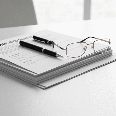 Pile of home insurance documents with a pen and glasses