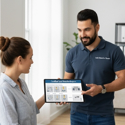Homeowner discussing leak detection report with a certified specialist, professional and reassuring interaction, no text, no words, no typography, 8K