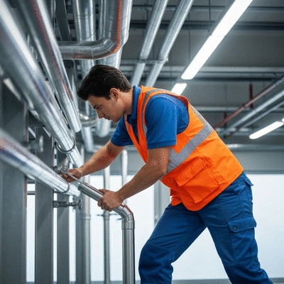 Commercial property worker inspecting pipes for leaks, focus on prevention