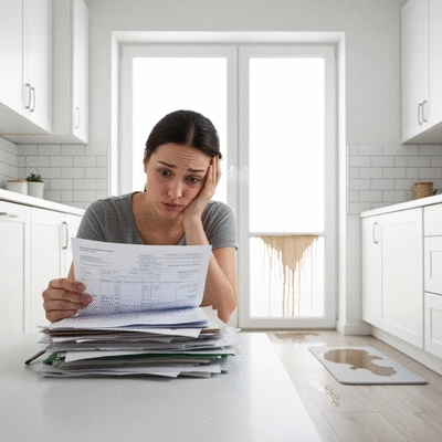 Person looking distressed at a high water bill, with water damage visible in the background, no text, no words, no typography, no labels, clean image