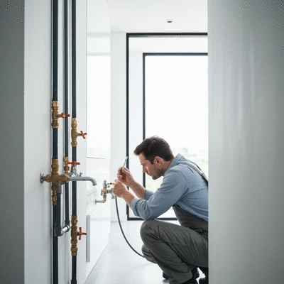 Professional inspecting plumbing pipes for leaks inside a modern home