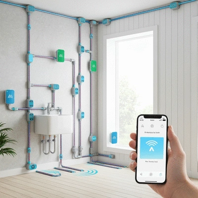 AI-powered leak detection system with sensors and a smartphone showing an alert