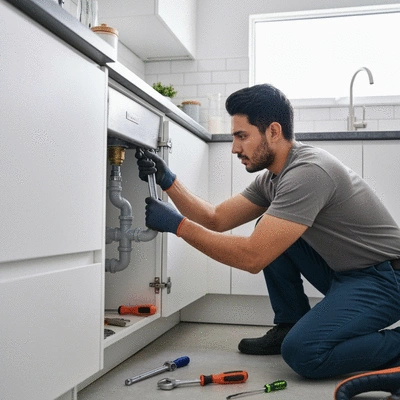 Plumber inspecting pipes under a sink