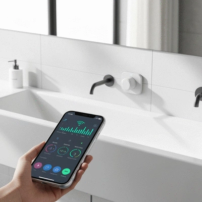 Smart home water leak sensor with smartphone displaying real-time data