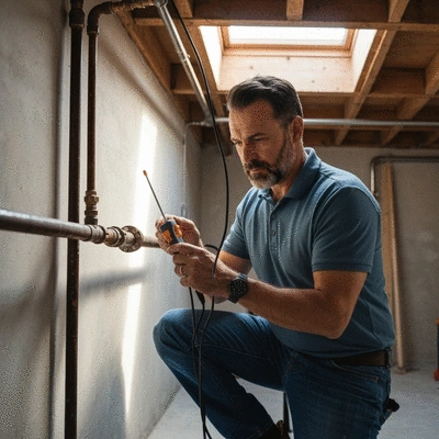 Leak detection specialist inspecting a pipe with advanced equipment