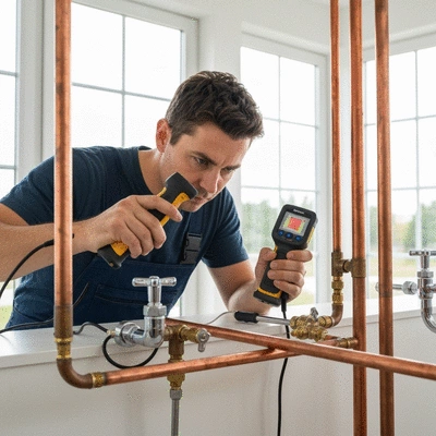 Plumber using diagnostic tools to inspect pipes, clean image, no text, no words