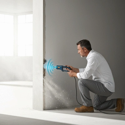 Professional using acoustic leak detection equipment to find a hidden water leak in a wall, clean image