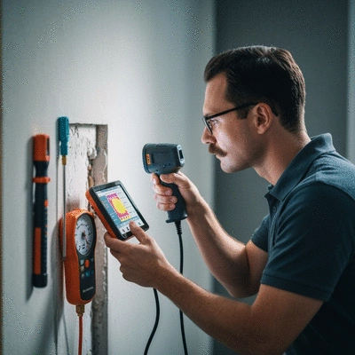 Leak detection expert using a thermal imaging camera to find a leak in a wall