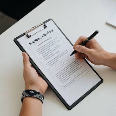 Person filling out a plumbing checklist on a clipboard