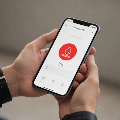 Smartphone displaying a smart home app with a leak detection alert and water drop icon
