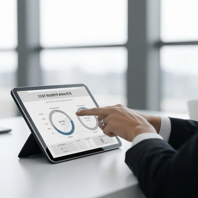 Business professional analyzing cost-benefit chart for leak detection system