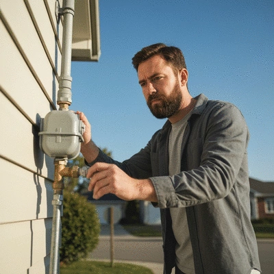 Homeowner checking water meter for signs of a leak outside their house