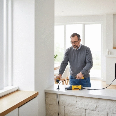 Professional leak detection expert using advanced tools to find a hidden leak in a home, clean and modern setting, no text, no words, no typography, 8K