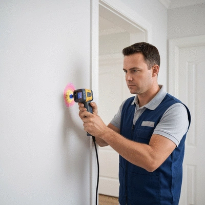 Leak detection expert using a thermal imaging camera to find a leak