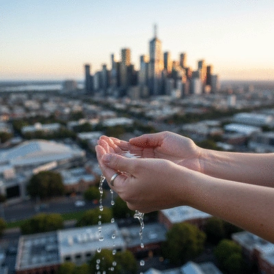 Hands cupping clean water, with a blurred cityscape of Melbourne in the background, symbolizing water conservation, no text, no words, no typography, no labels, clean image