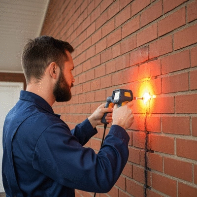 Plumber using thermal imaging camera to detect a leak in a wall