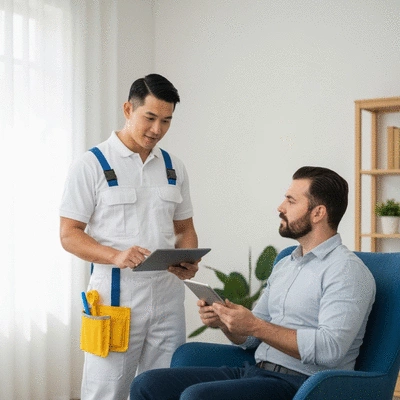 Licensed plumber discussing plumbing issues with a homeowner