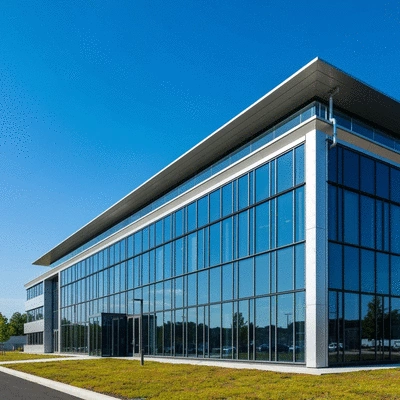 Commercial building with green roof and rainwater harvesting system for water conservation